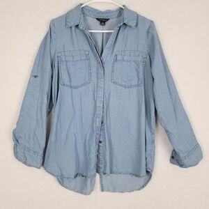 Terre Bleue Long Roll Tab Sleeve Small Button Front Casual Blouse Lagenlook Min.